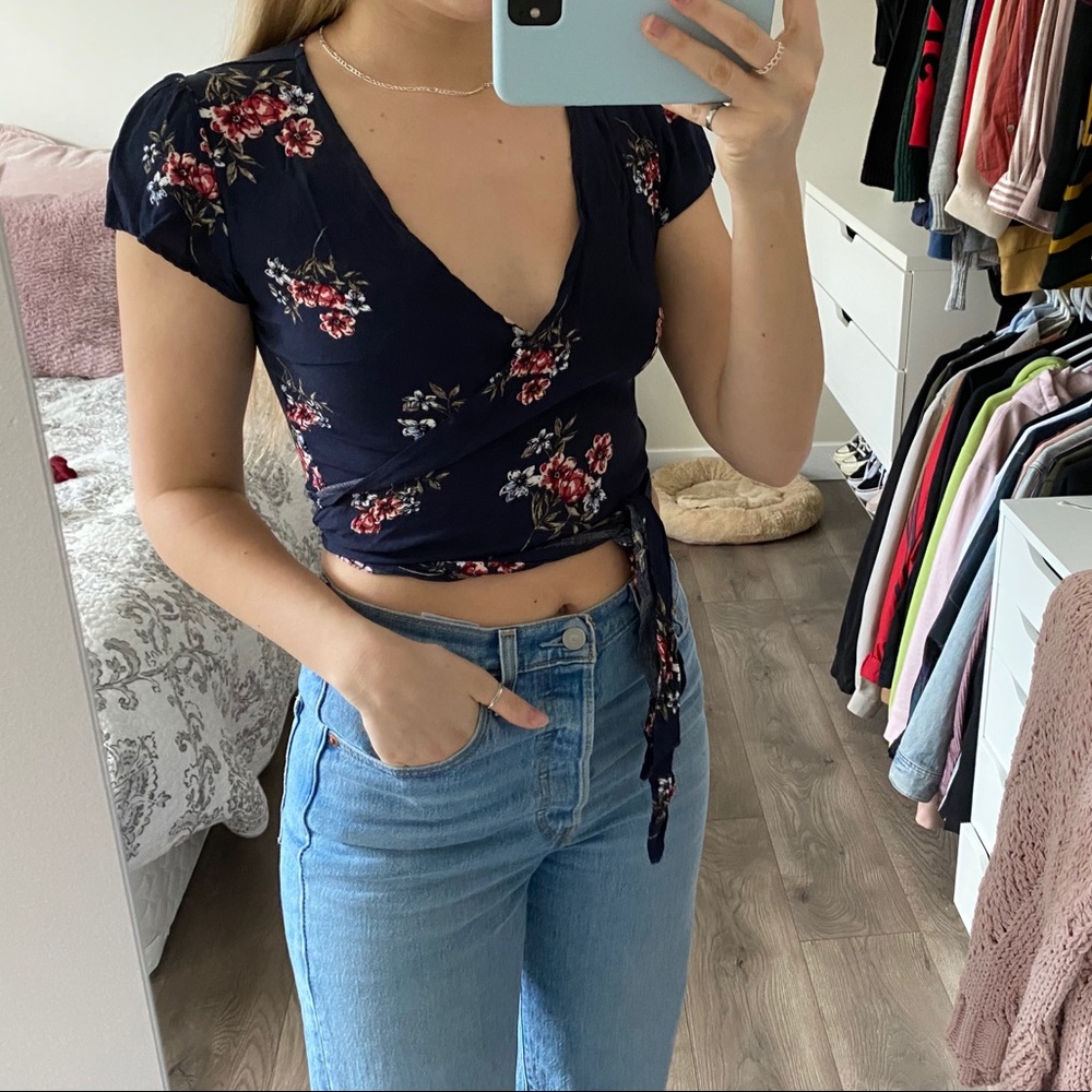 Garage blue adjustable wrap over crop top